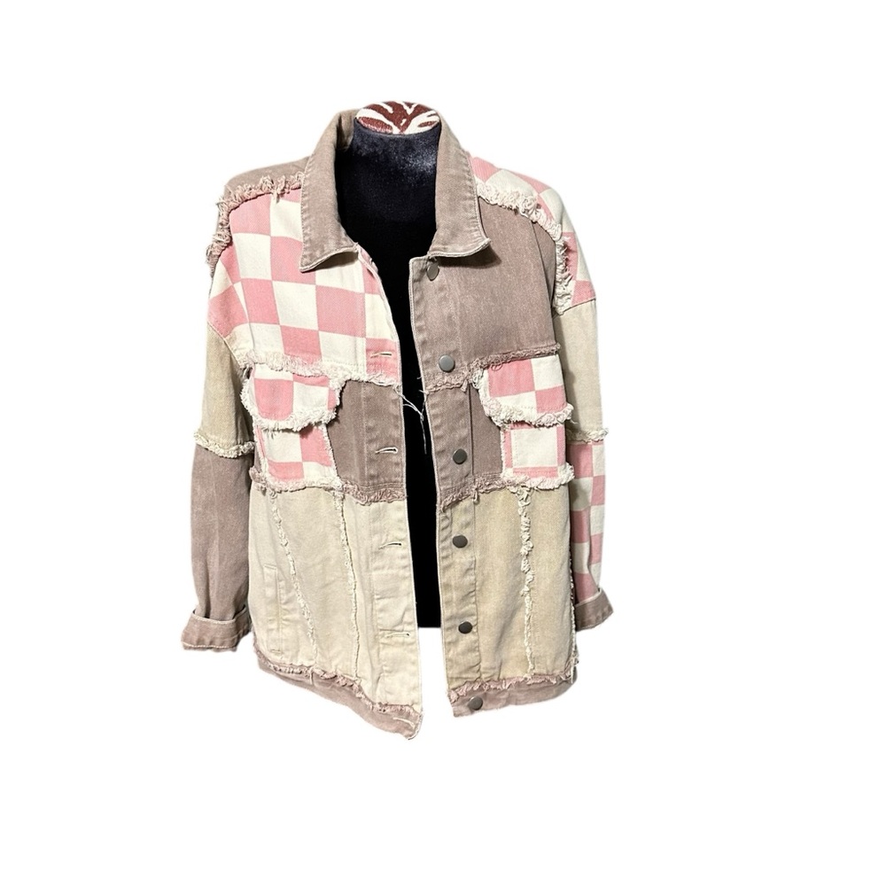 POL Patchwork Denim Jacket with Pink and Beige Checkered Design Size Medium